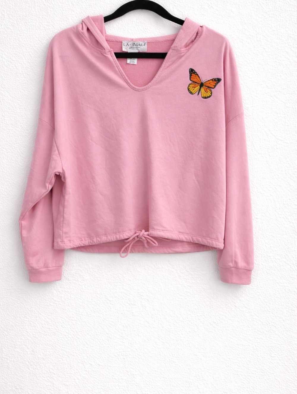 Pink Hood Knit Stretch Butterfly Graphic Cropped Sweatshirt